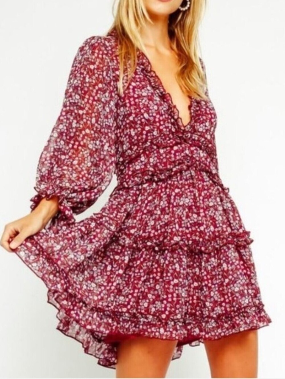 The Impeccable Pig Burgundy Floral Ruffle V-Neck Mini Dress